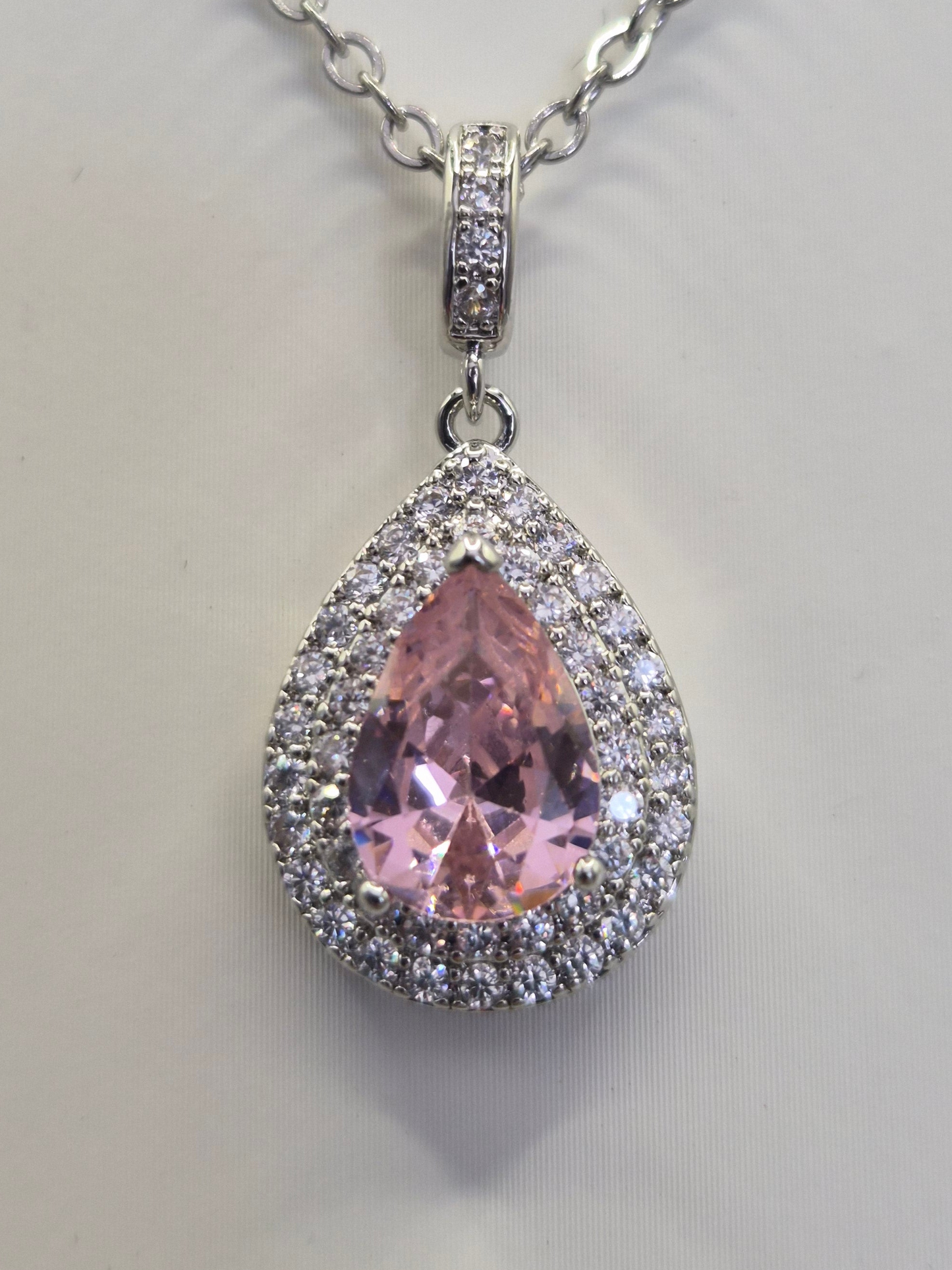Pink Pear & Double Row  Round Cubic Zirconia Pendant