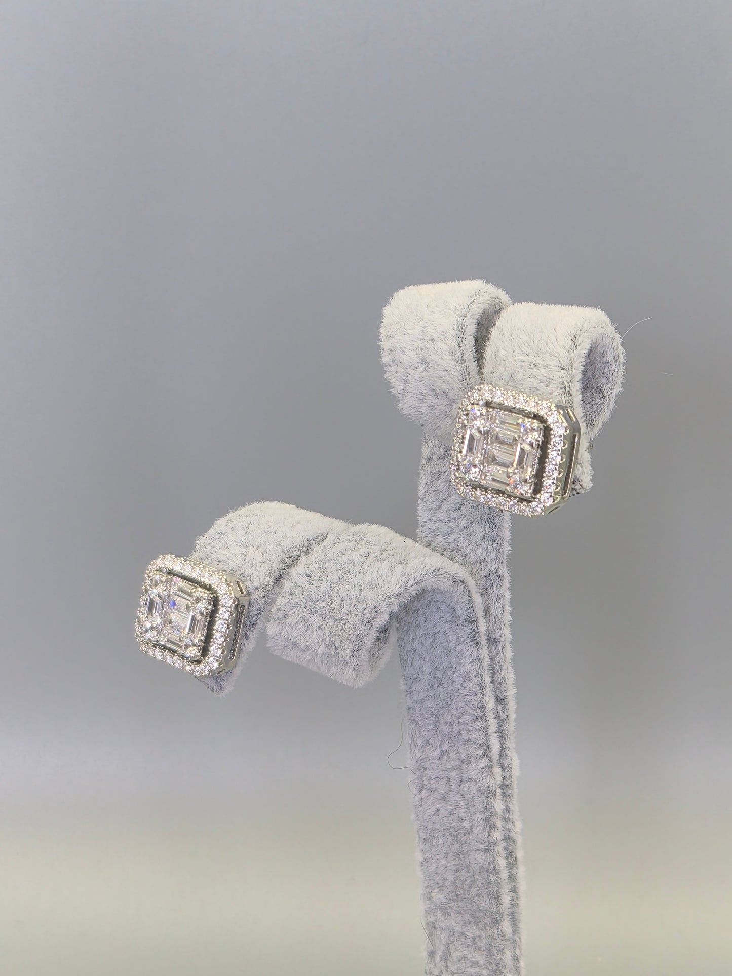 Halo Baugette & Round Brilliant Cut Cubic Zirconia Stud Earrings