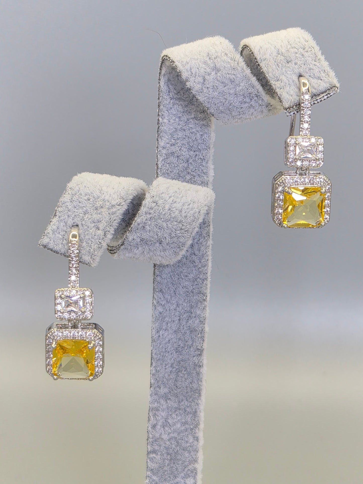 Princess Cut Yellow & Baugette Cubic Zirconia  Hook Through Earrings