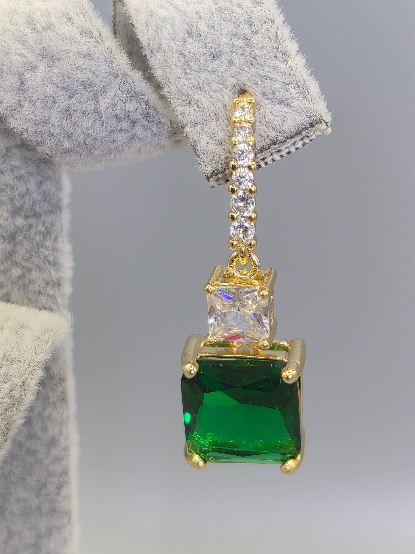 Princess Cut Green & Clear Cubic Zirconia Hook Through Earrings