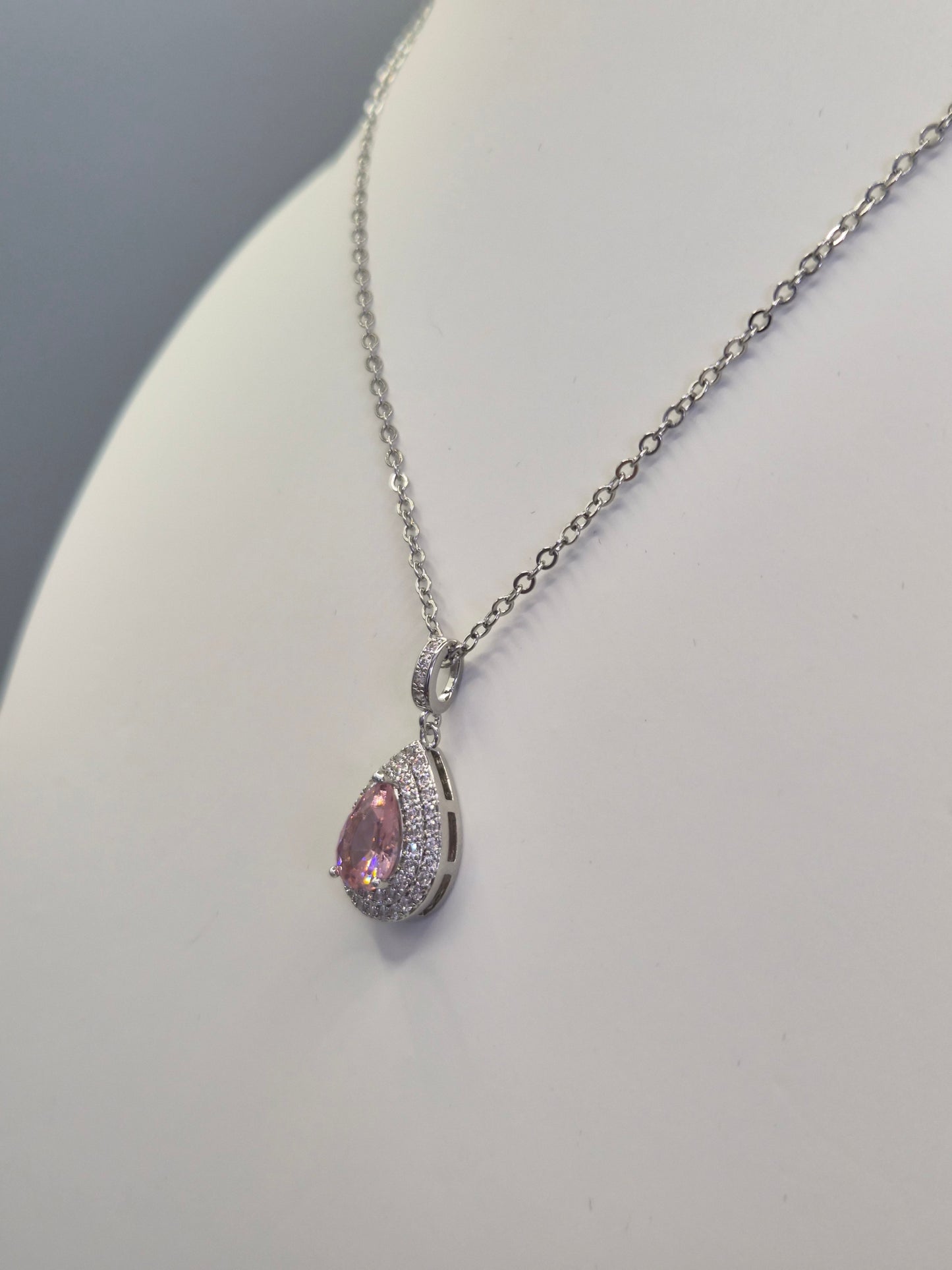 Pink Pear & Double Row  Round Cubic Zirconia Pendant