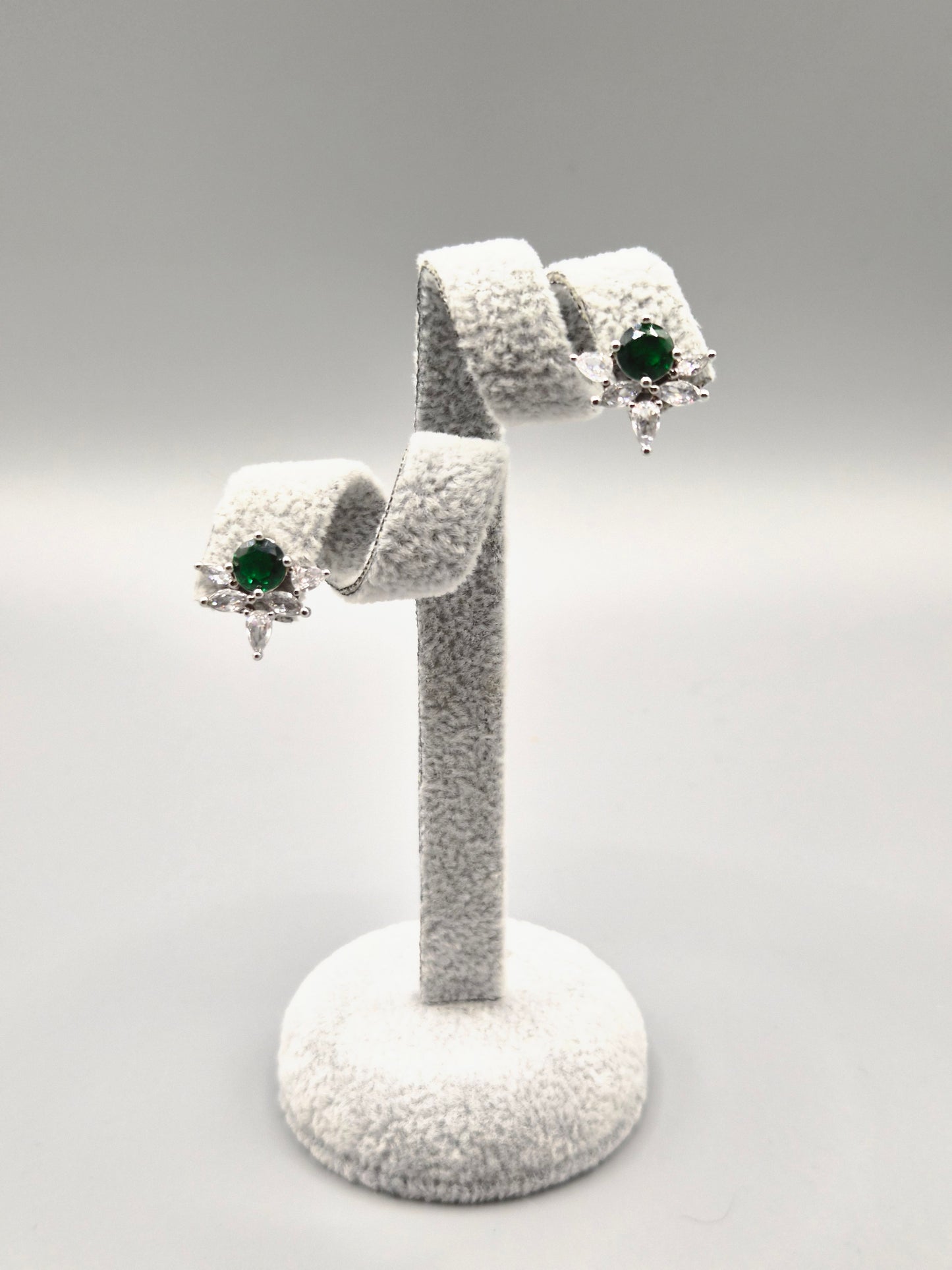 Green & Cubic Zirconia Flower Design Stud Earrings