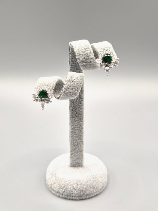 Green & Cubic Zirconia Flower Design Stud Earrings
