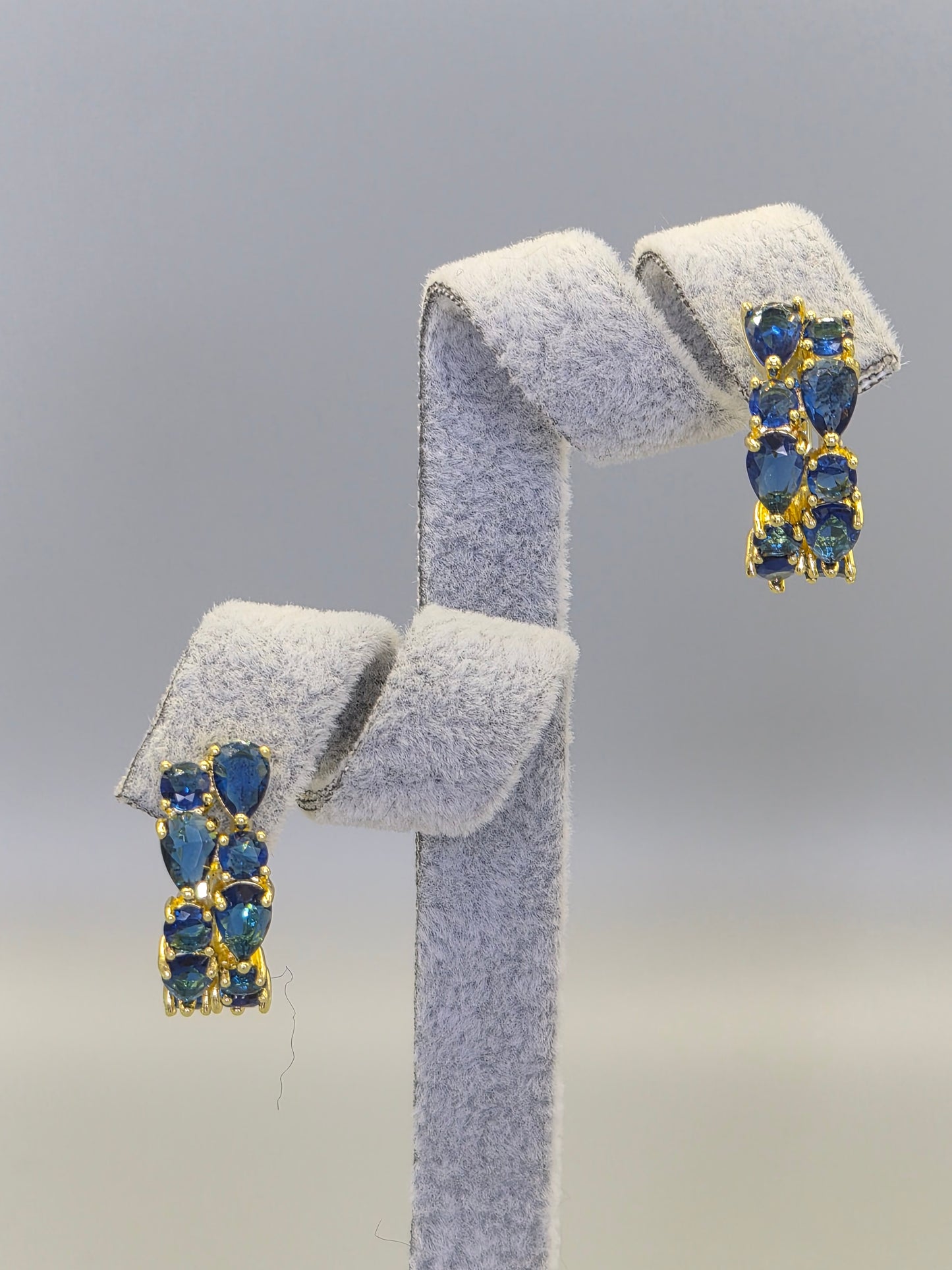 Blue Pear & Round Brilliant Cut Cubic Double Row Zirconia Earrings Yellow Set