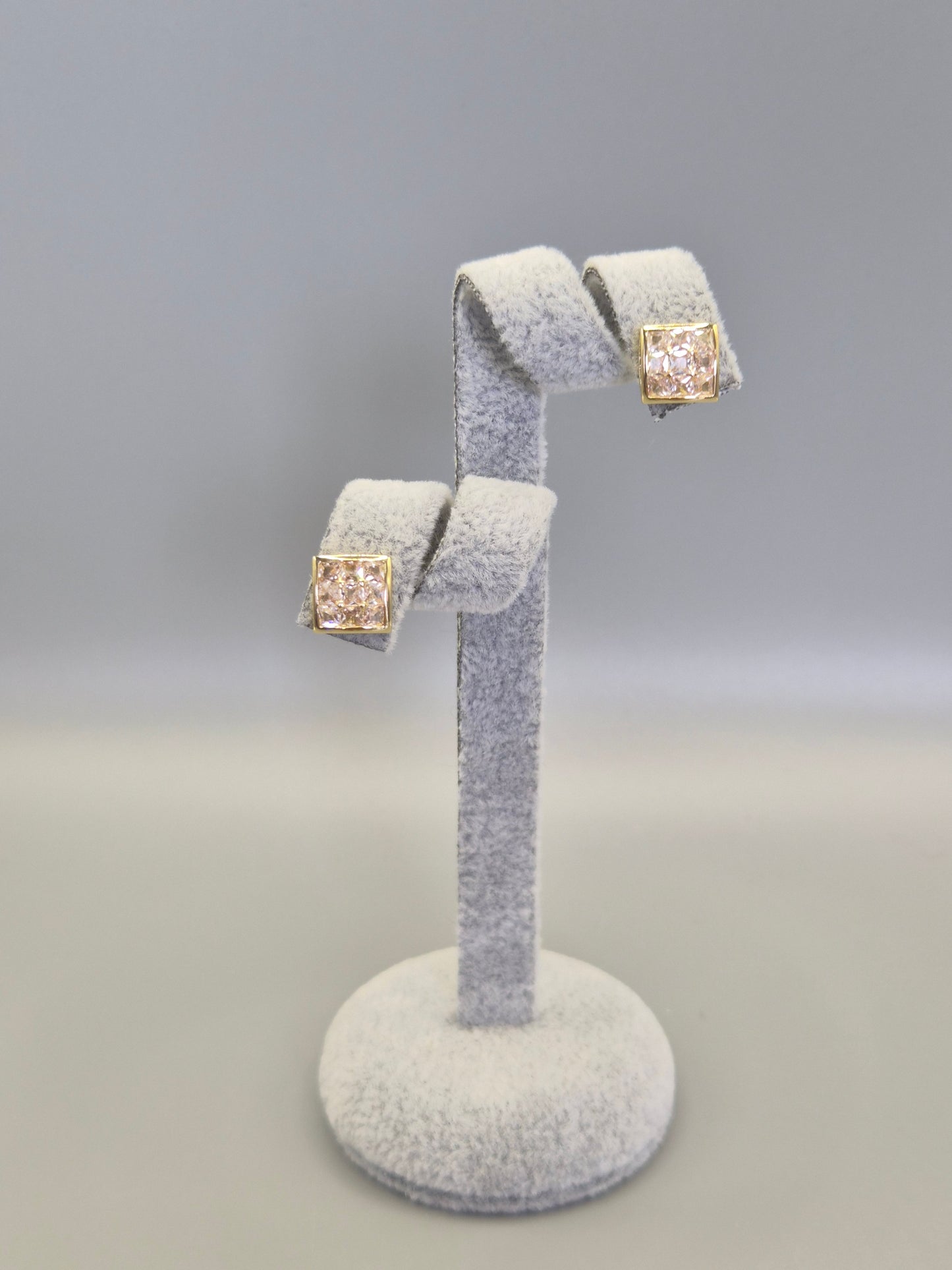 Square Bezel & Bead 9 Stone Round Brilliant Cut Stud Earrings