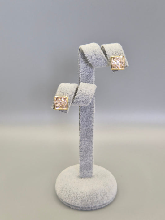 Square Bezel & Bead 9 Stone Round Brilliant Cut Stud Earrings