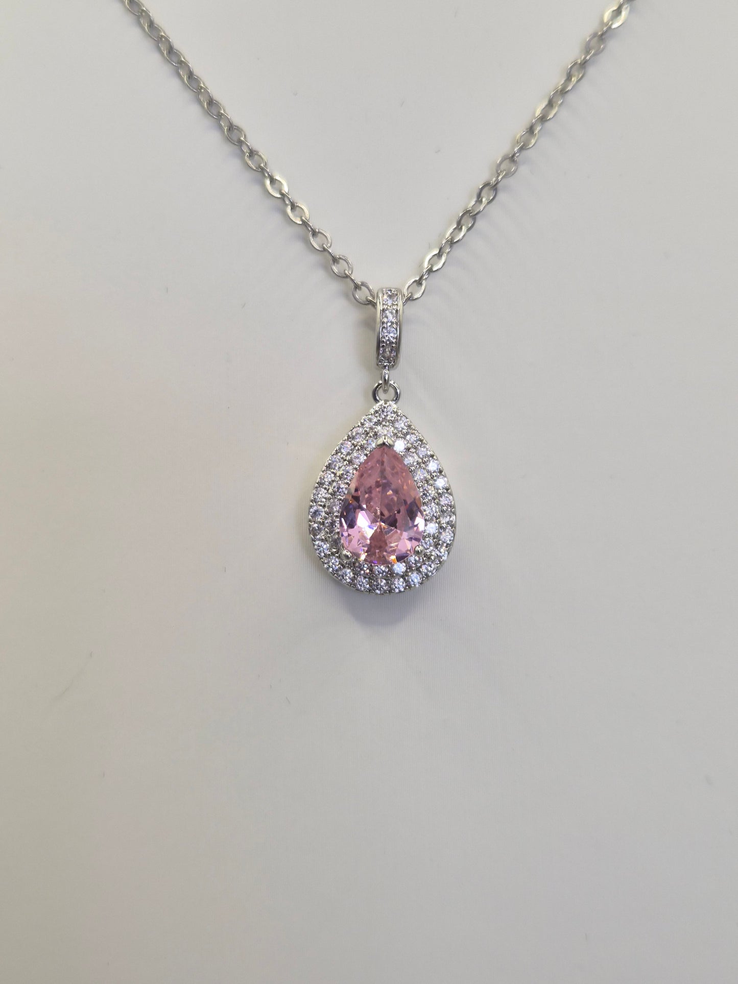 Pink Pear & Double Row  Round Cubic Zirconia Pendant