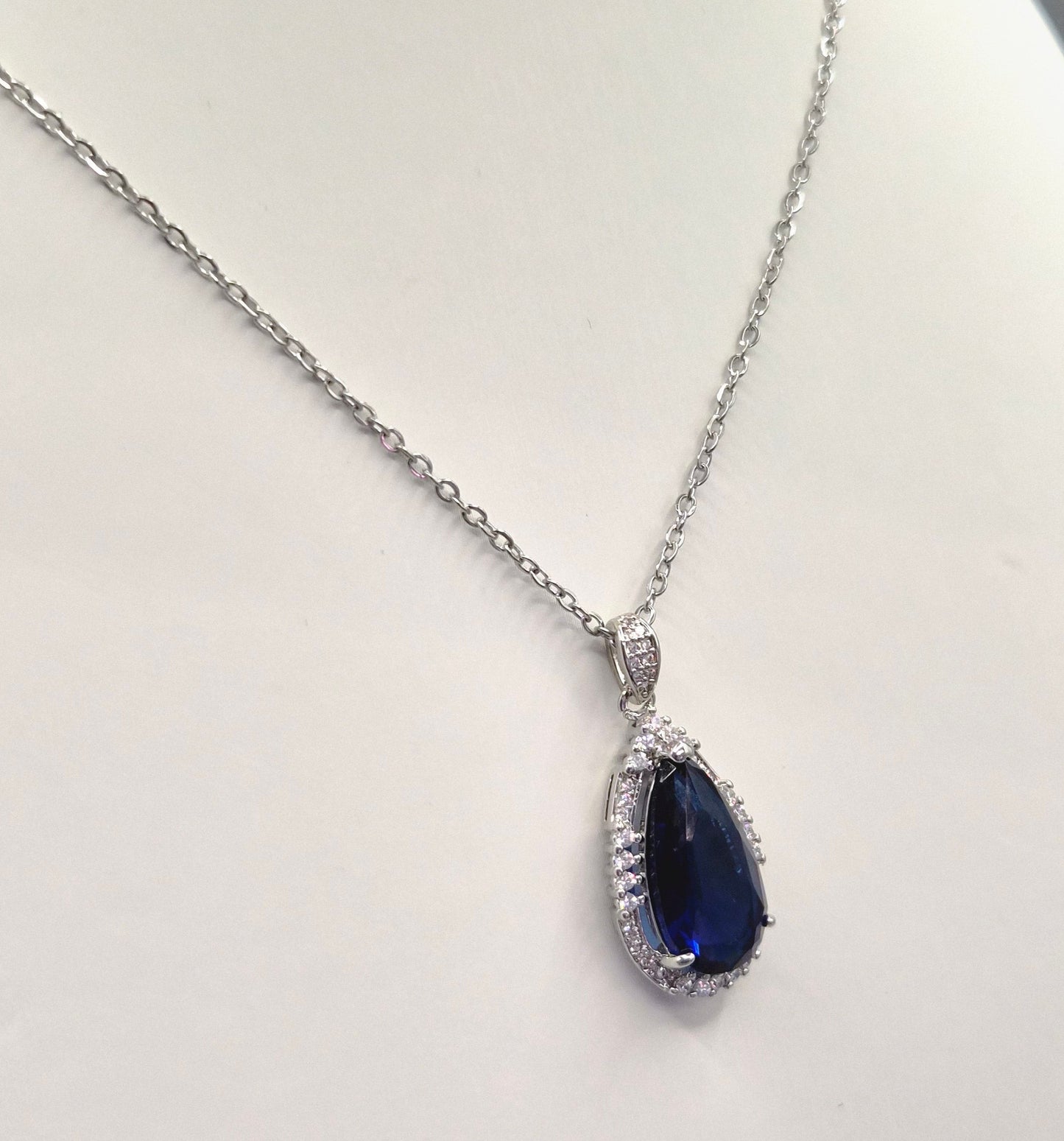 Blue Pear & Round Cubic Zirconia Pendant