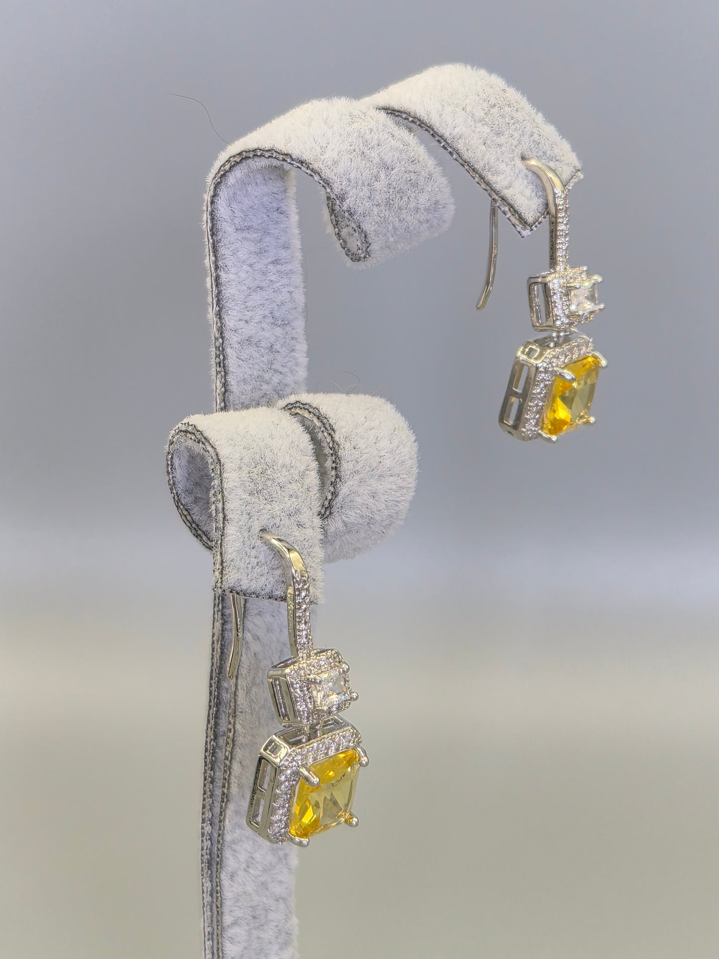 Princess Cut Yellow & Baugette Cubic Zirconia  Hook Through Earrings