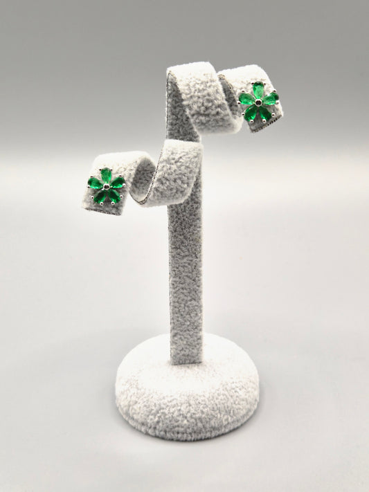 Green Cubic Zirconia Flower Design Stud Earrings