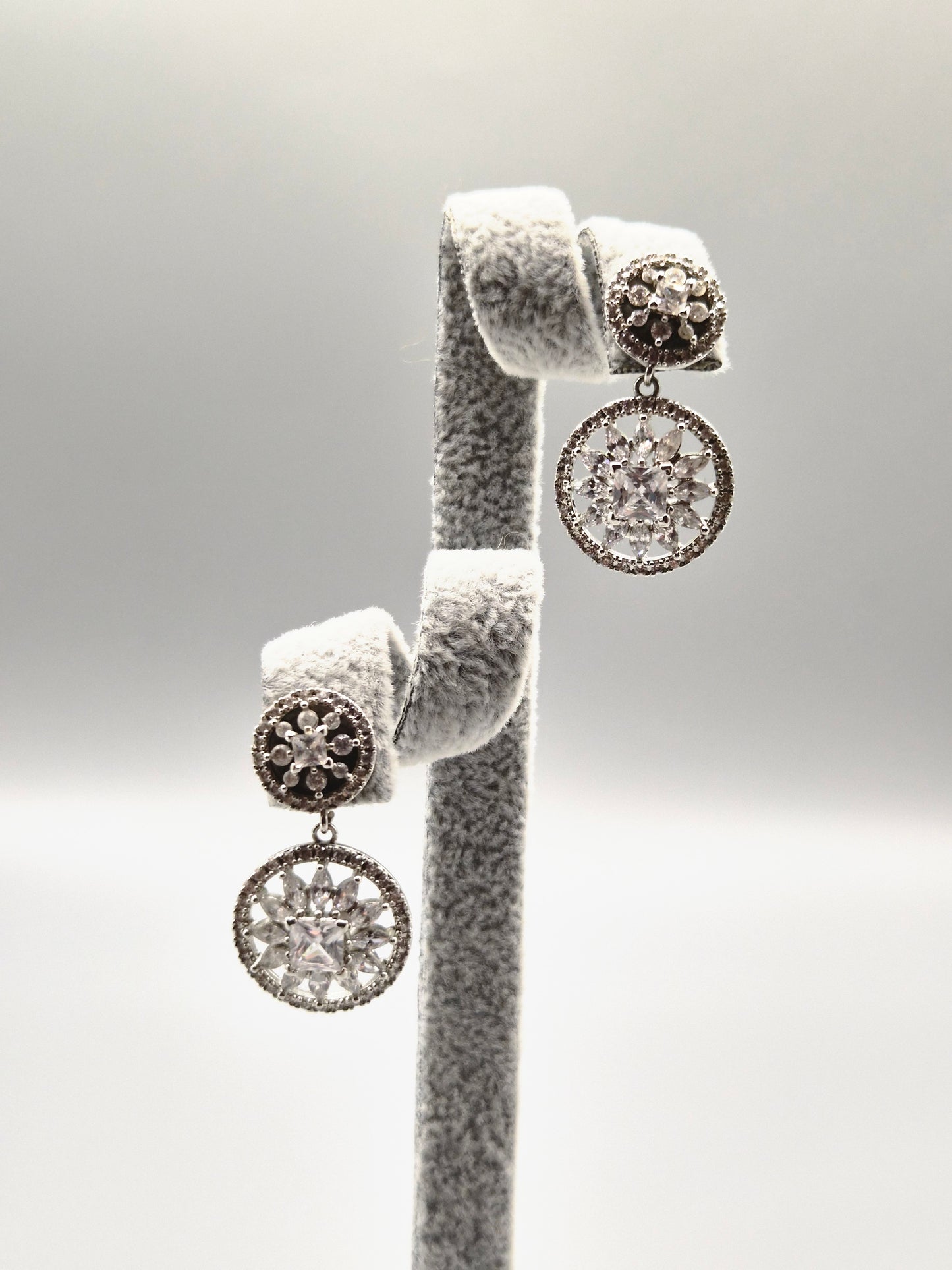 Double Flower Circle Cubic Zirconia Drop Earrings