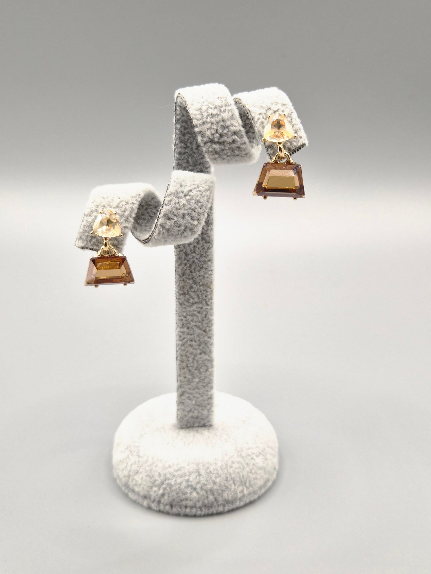 Trilliant Cut Champagne & Bronze Cubic Zirconia Gold Plated Stud Earrings