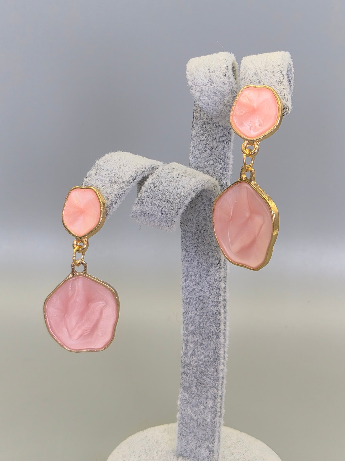 Pink Enamel Double Drop Earrings Yellow Set