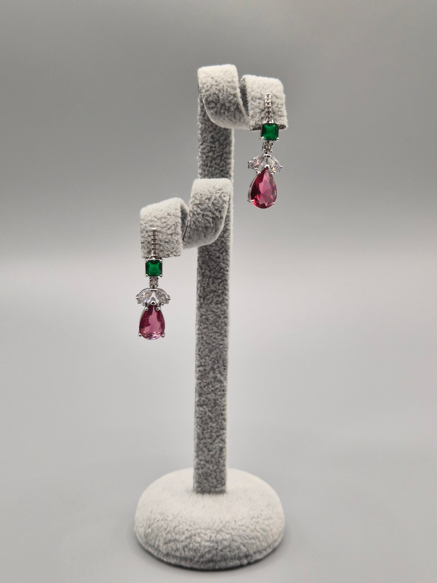 Pink, Green & White Cubic Zirconia Pear Drop Earrings