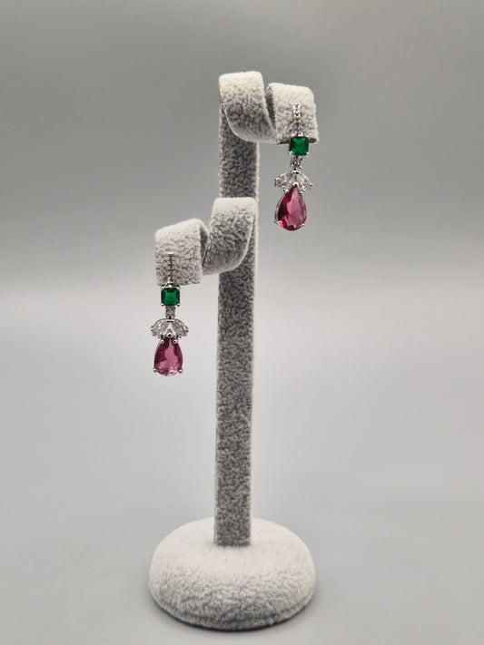 Pink, Green & White Cubic Zirconia Pear Drop Earrings