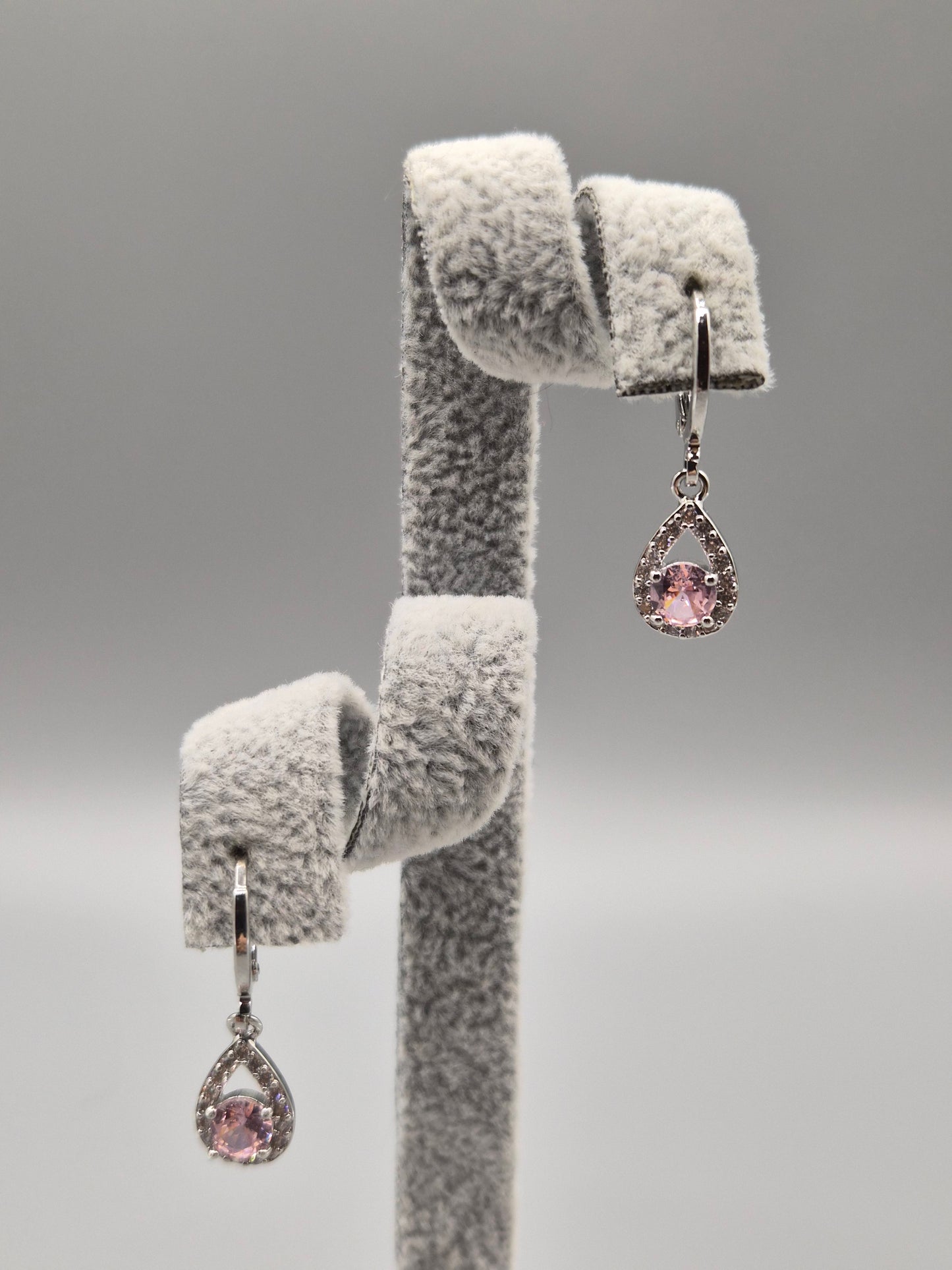Pink & Cubic Zirconia Pear Shaped Drop Earrings