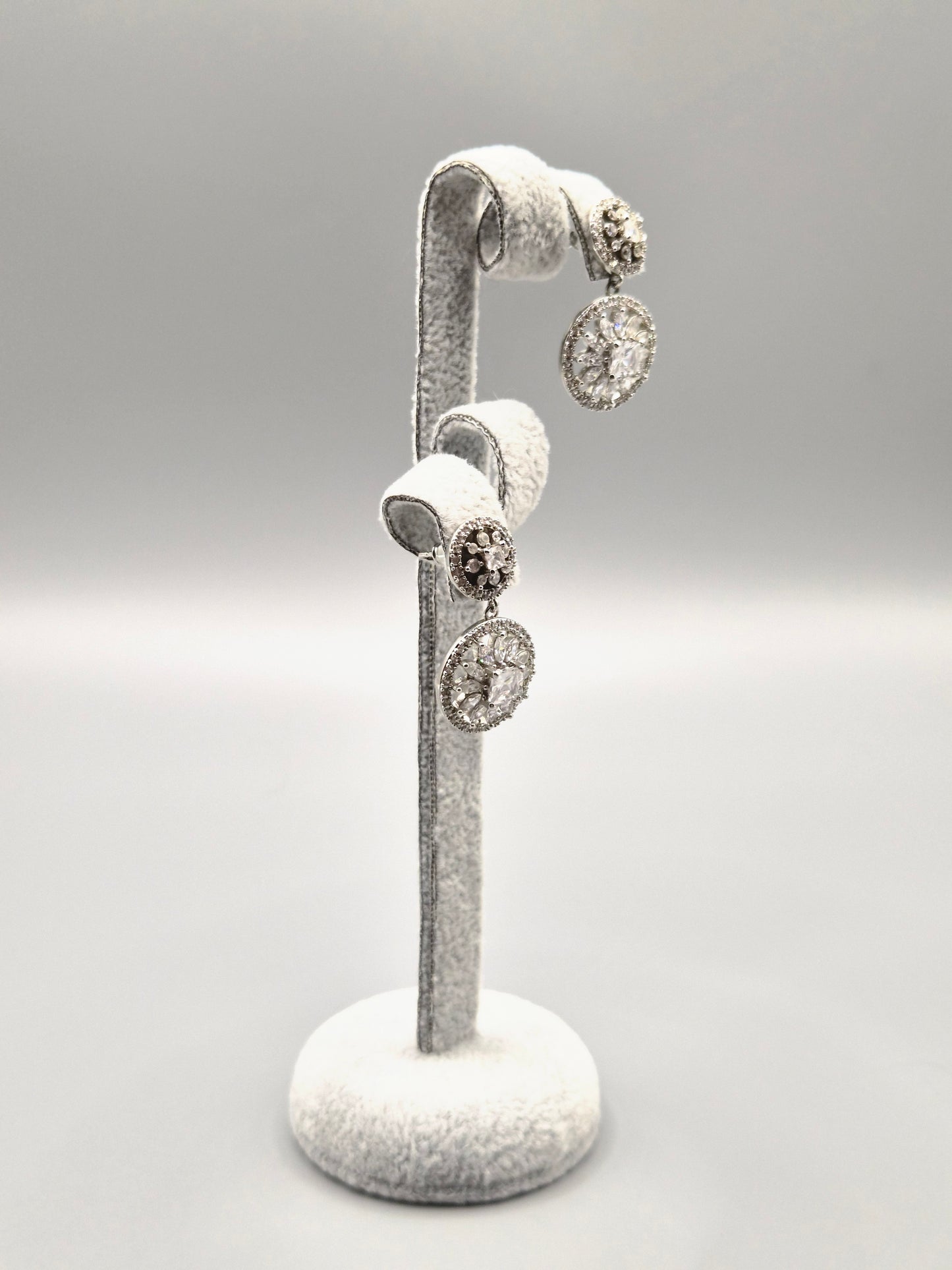 Double Flower Circle Cubic Zirconia Drop Earrings