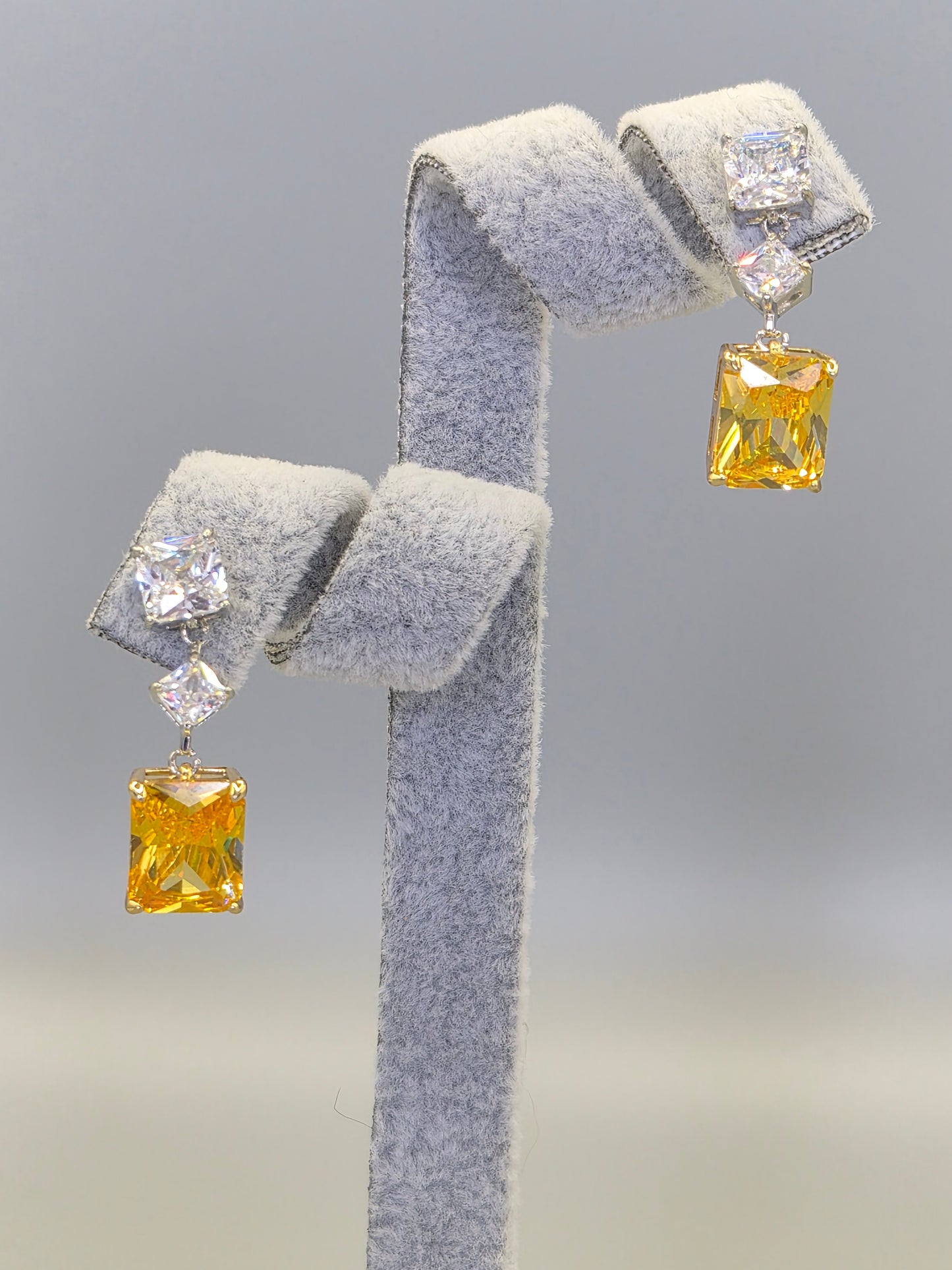 Yellow Princess CutCubic Zirconia Trilogy Drop Earrings
