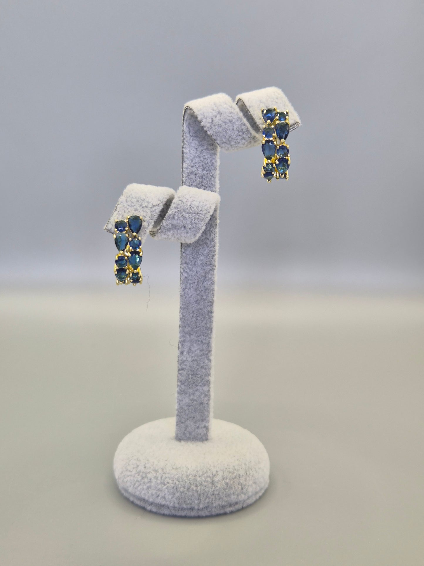 Blue Pear & Round Brilliant Cut Cubic Double Row Zirconia Earrings Yellow Set