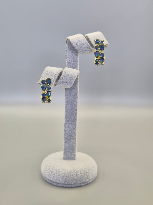 Blue Pear & Round Brilliant Cut Cubic Double Row Zirconia Earrings Yellow Set