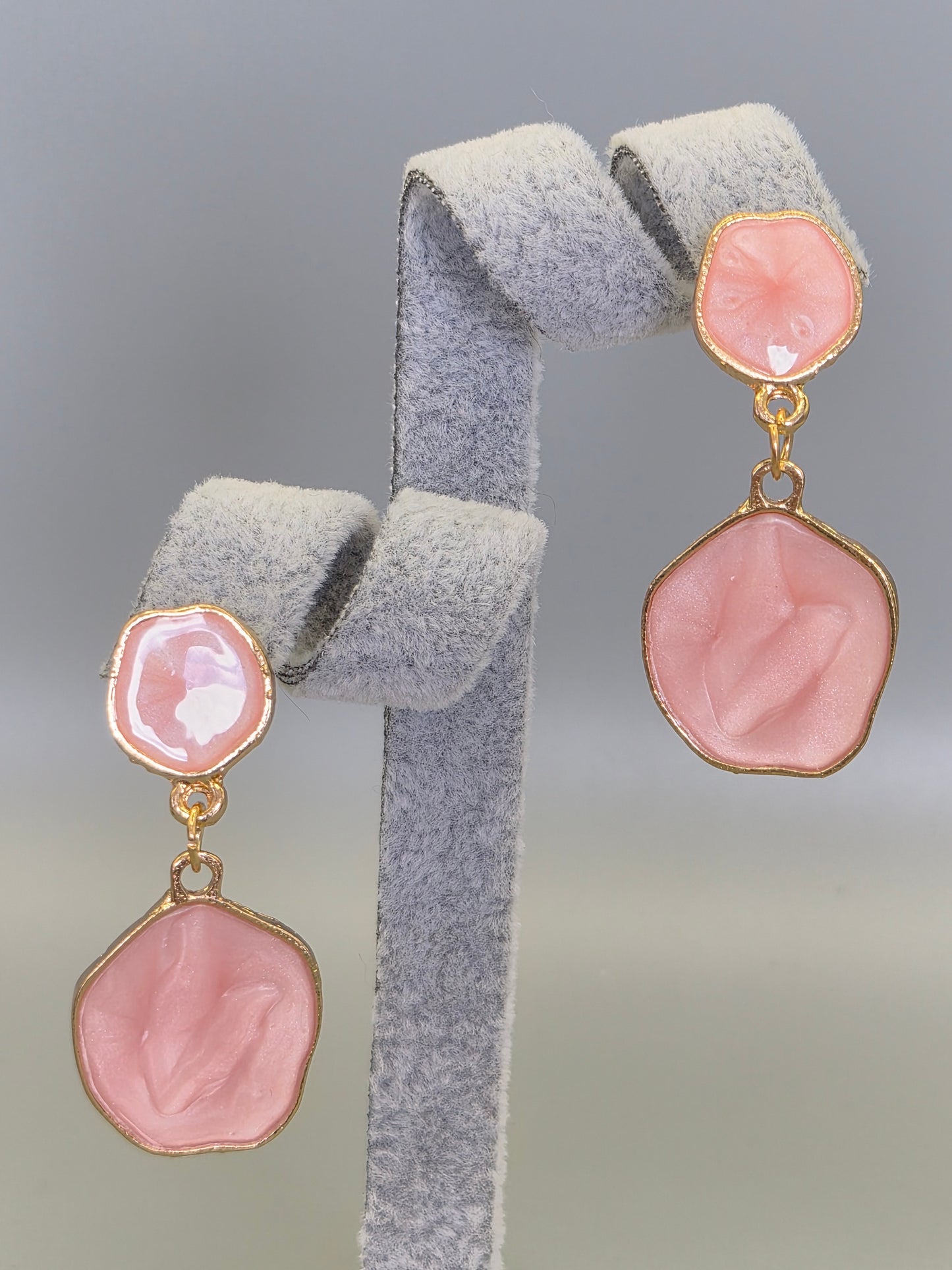Pink Enamel Double Drop Earrings Yellow Set