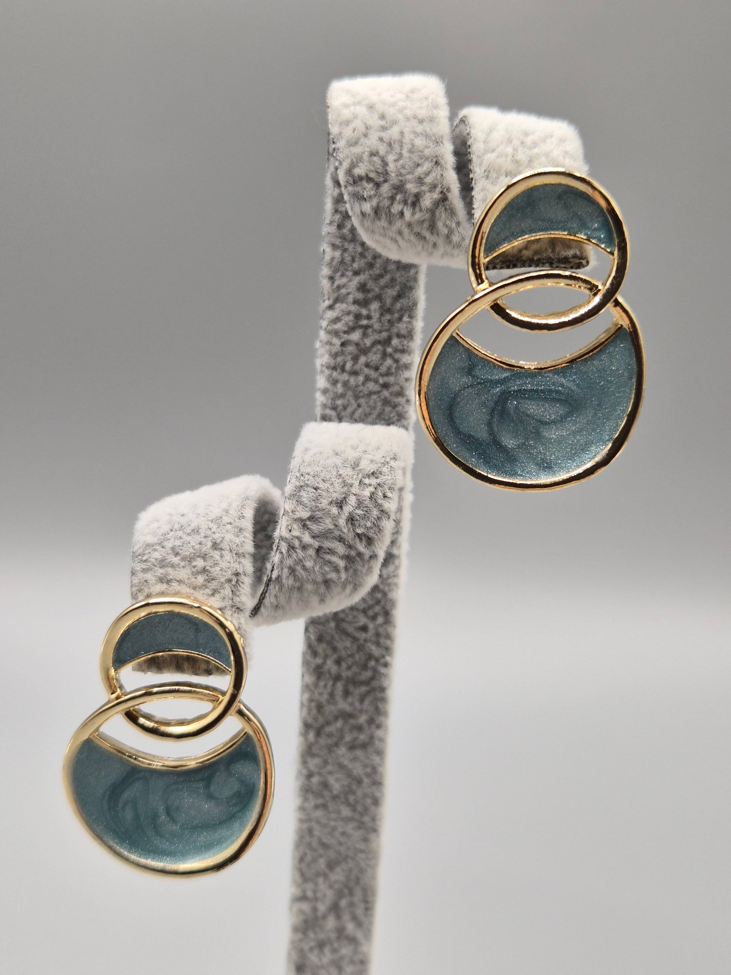 Blue Turquoise Enamelled Double Gold Ring Stud Earrings