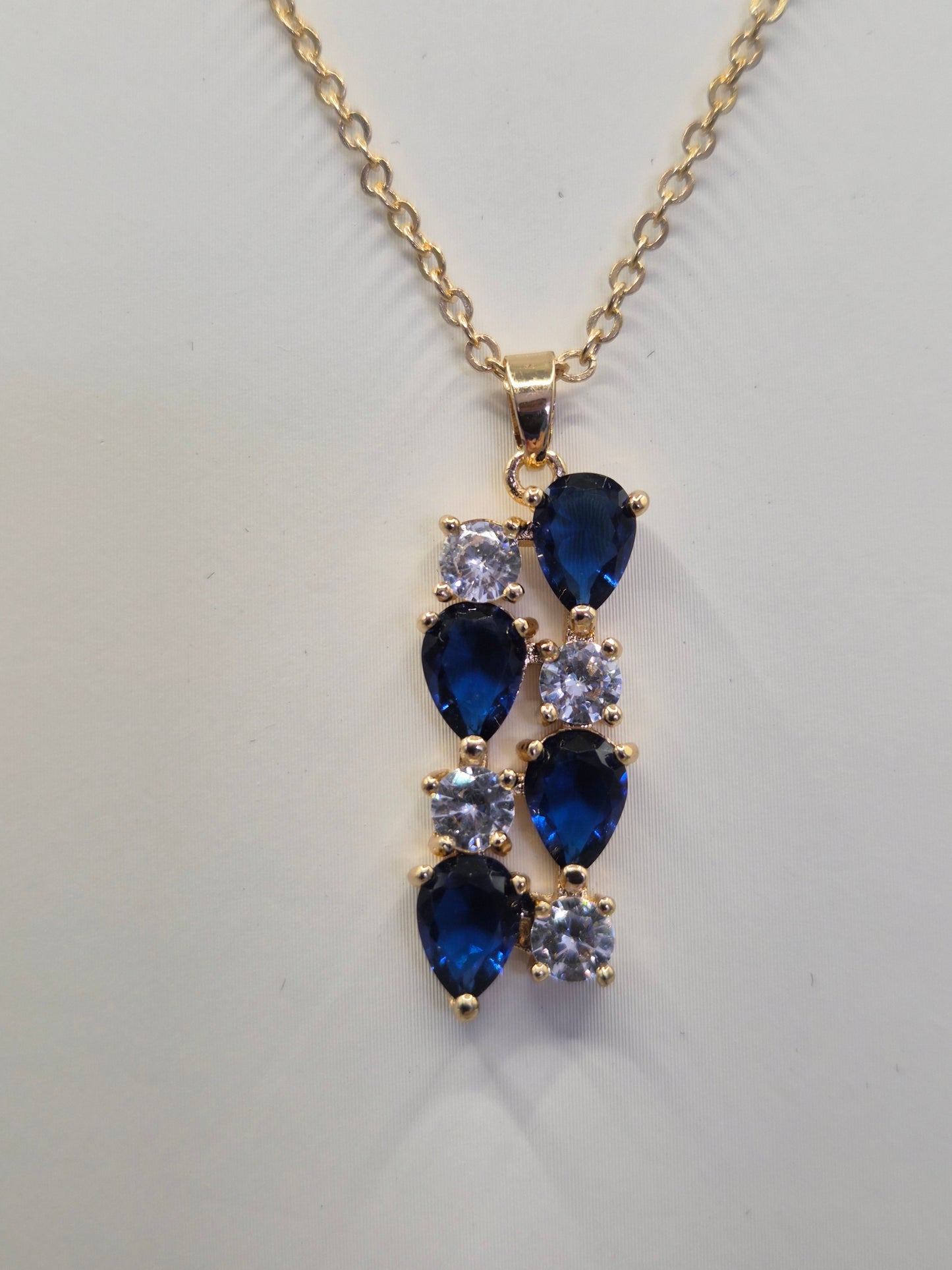 Blue Pear & Round Cubic Zirconia Drop Pendant