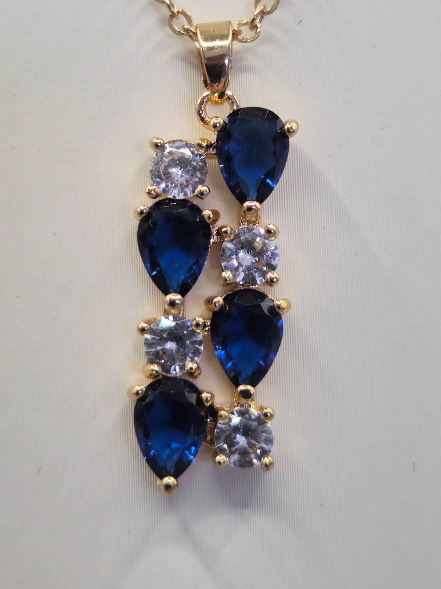 Blue Pear & Round Cubic Zirconia Drop Pendant