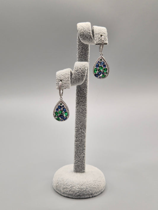 Pear Shaped Blue & Green Cubic Zirconia Drop Earrings