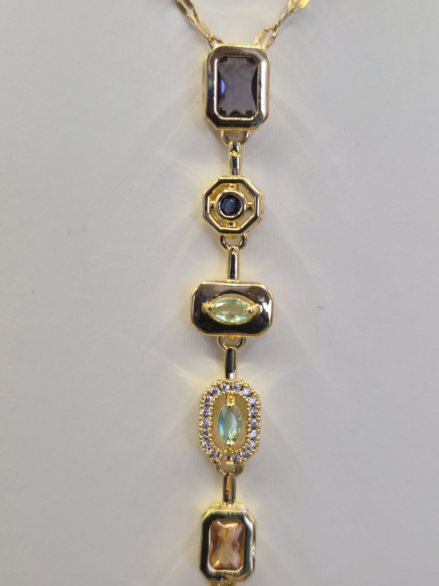 Multi Coloured 7 Stone  Cubic Zirconia Pendant With Extending Chain From 16"-18"  - Yellow