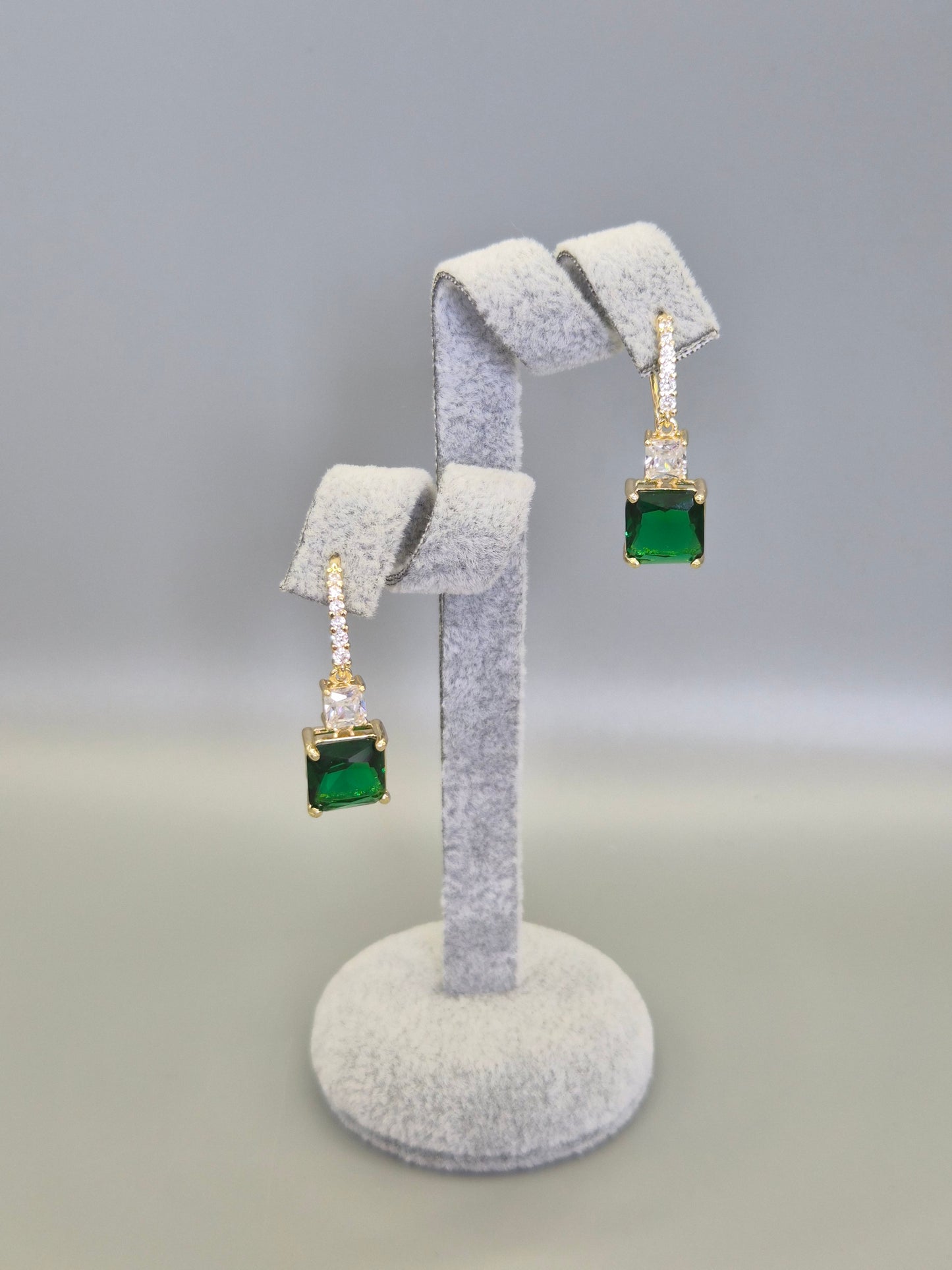 Princess Cut Green & Clear Cubic Zirconia Hook Through Earrings