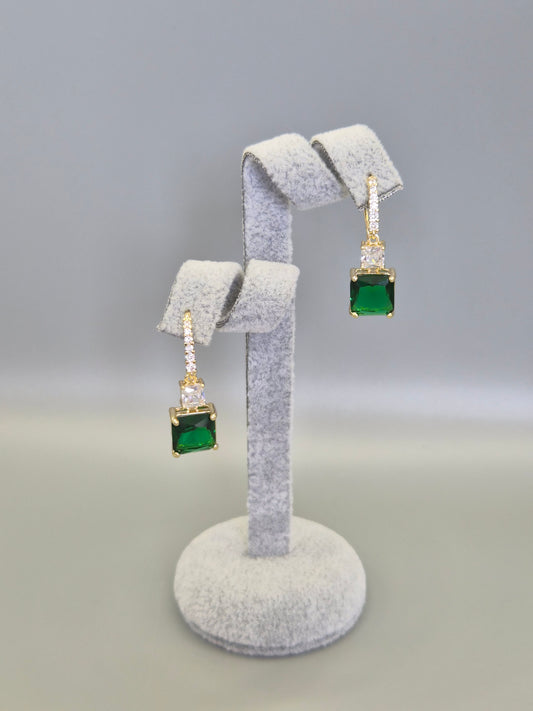Princess Cut Green & Clear Cubic Zirconia Hook Through Earrings