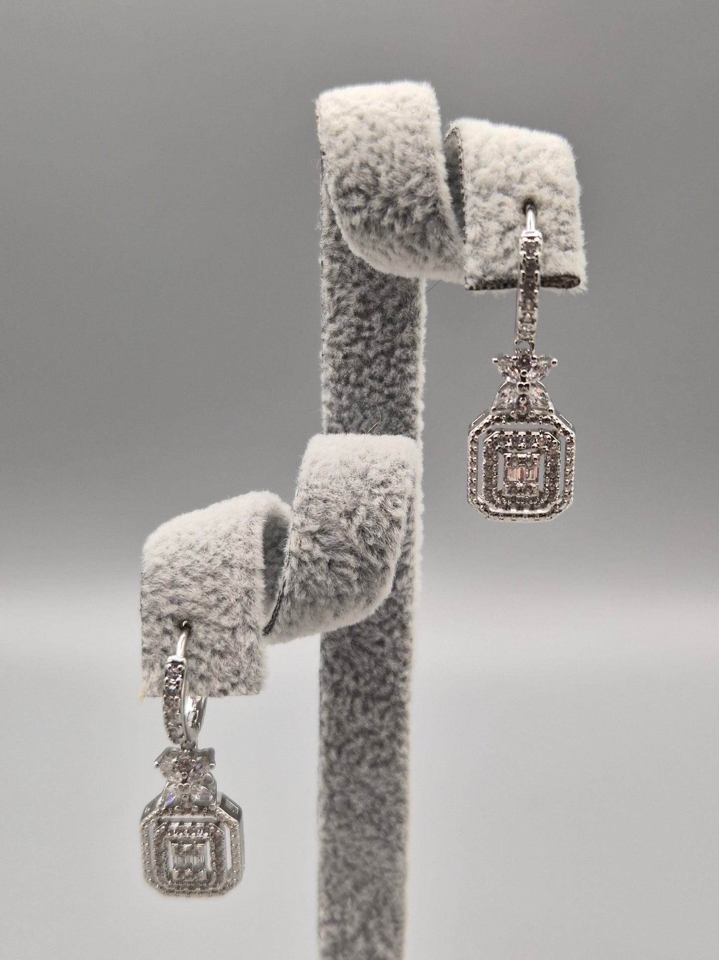 Square Halo & Flower Cubic Zirconia Drop Earrings