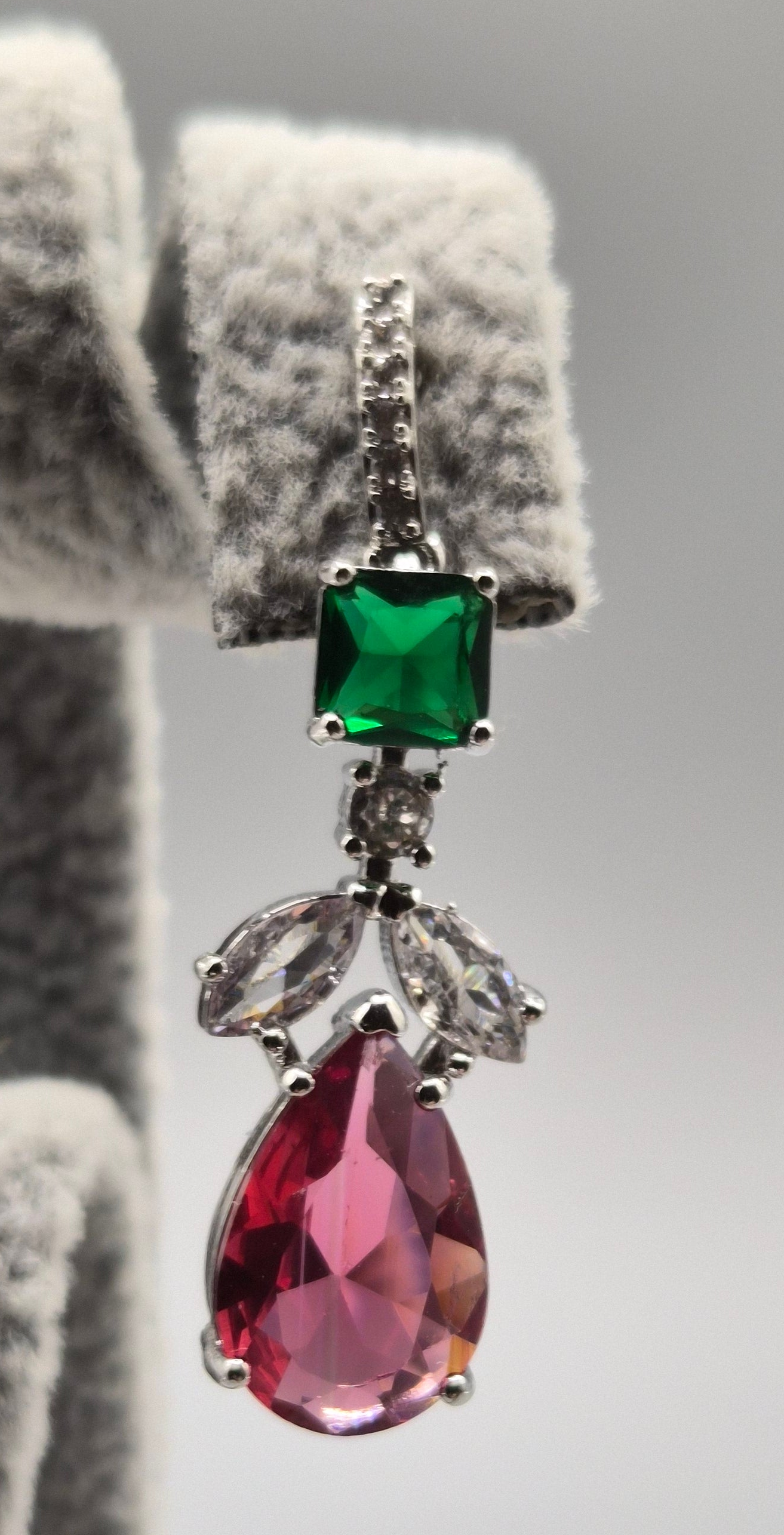 Pink, Green & White Cubic Zirconia Pear Drop Earrings