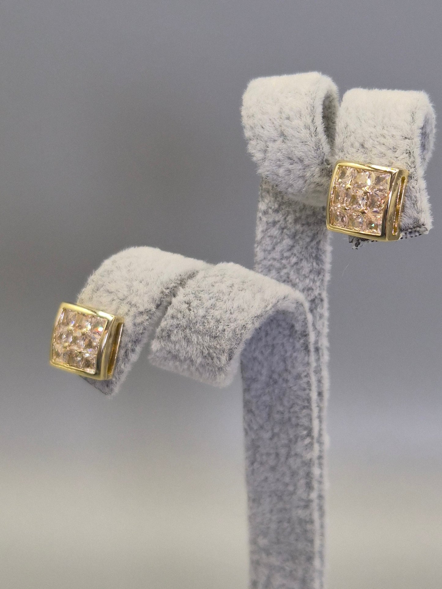 Square Bezel & Bead 9 Stone Round Brilliant Cut Stud Earrings