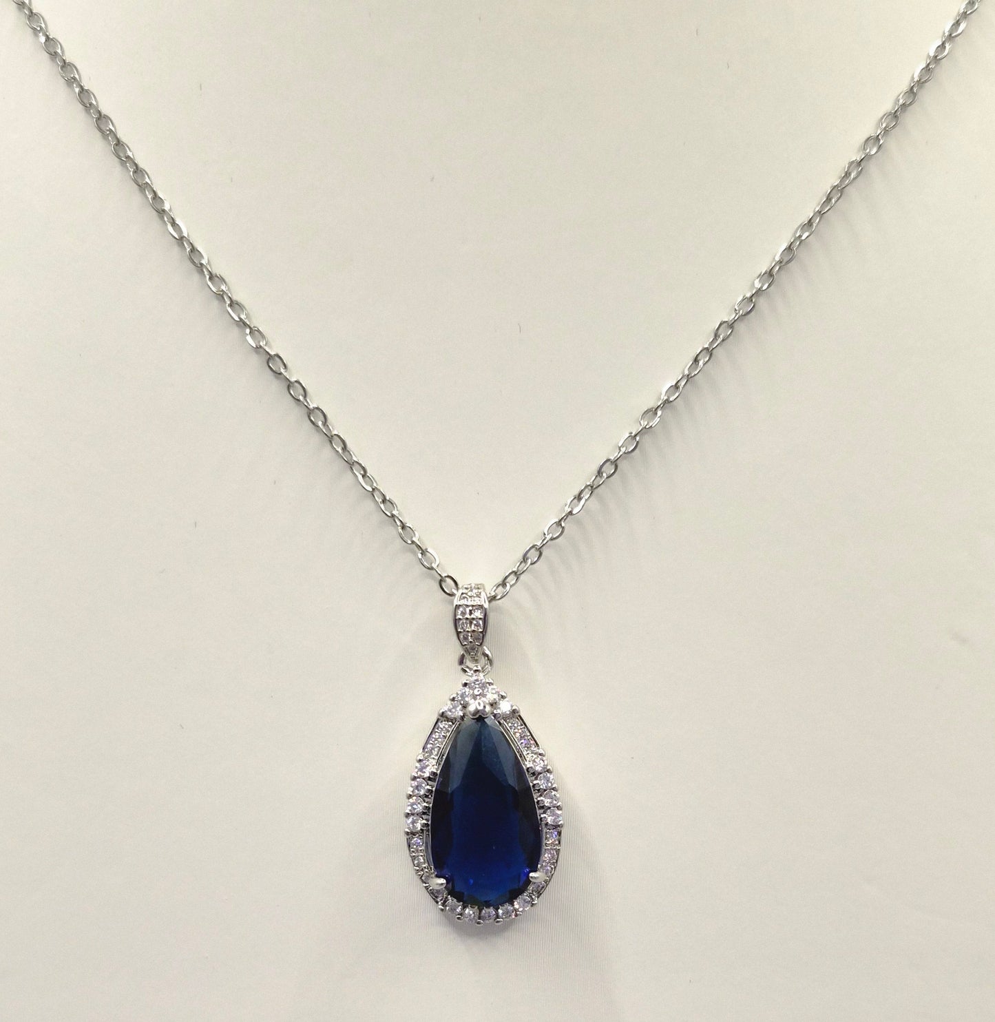 Blue Pear & Round Cubic Zirconia Pendant