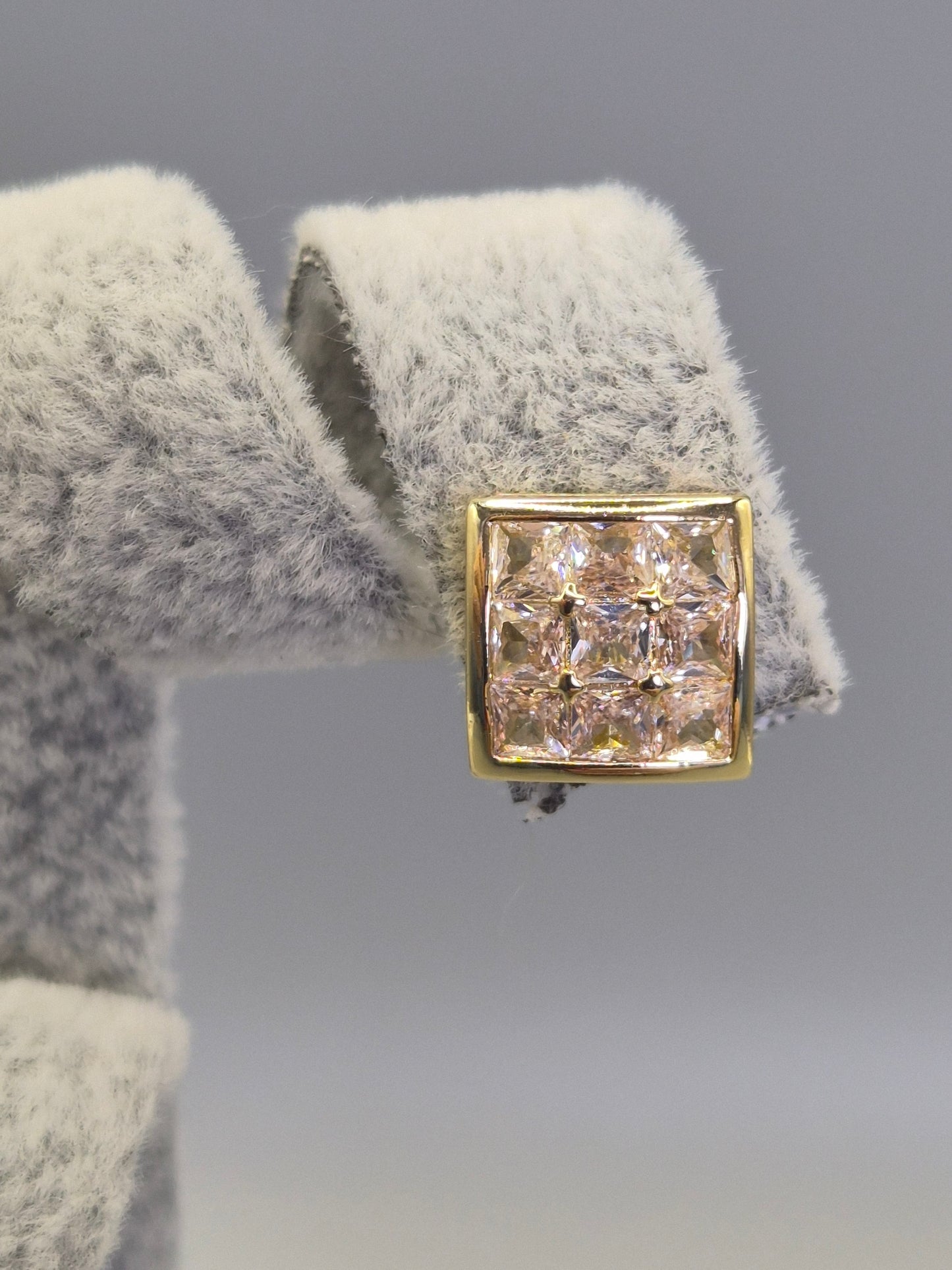 Square Bezel & Bead 9 Stone Round Brilliant Cut Stud Earrings