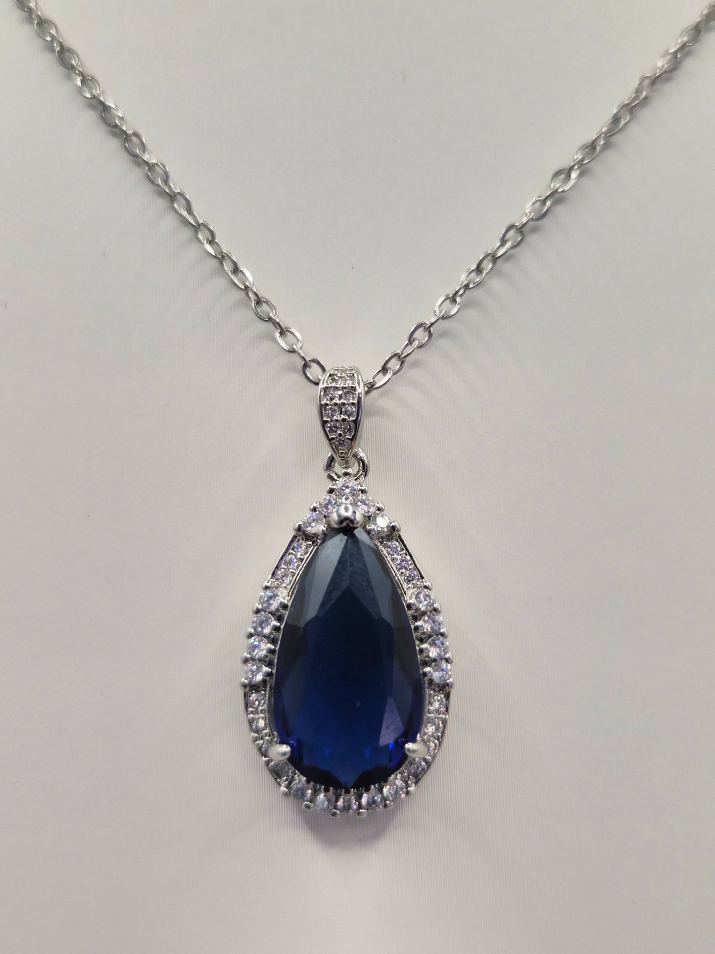 Blue Pear & Round Cubic Zirconia Pendant