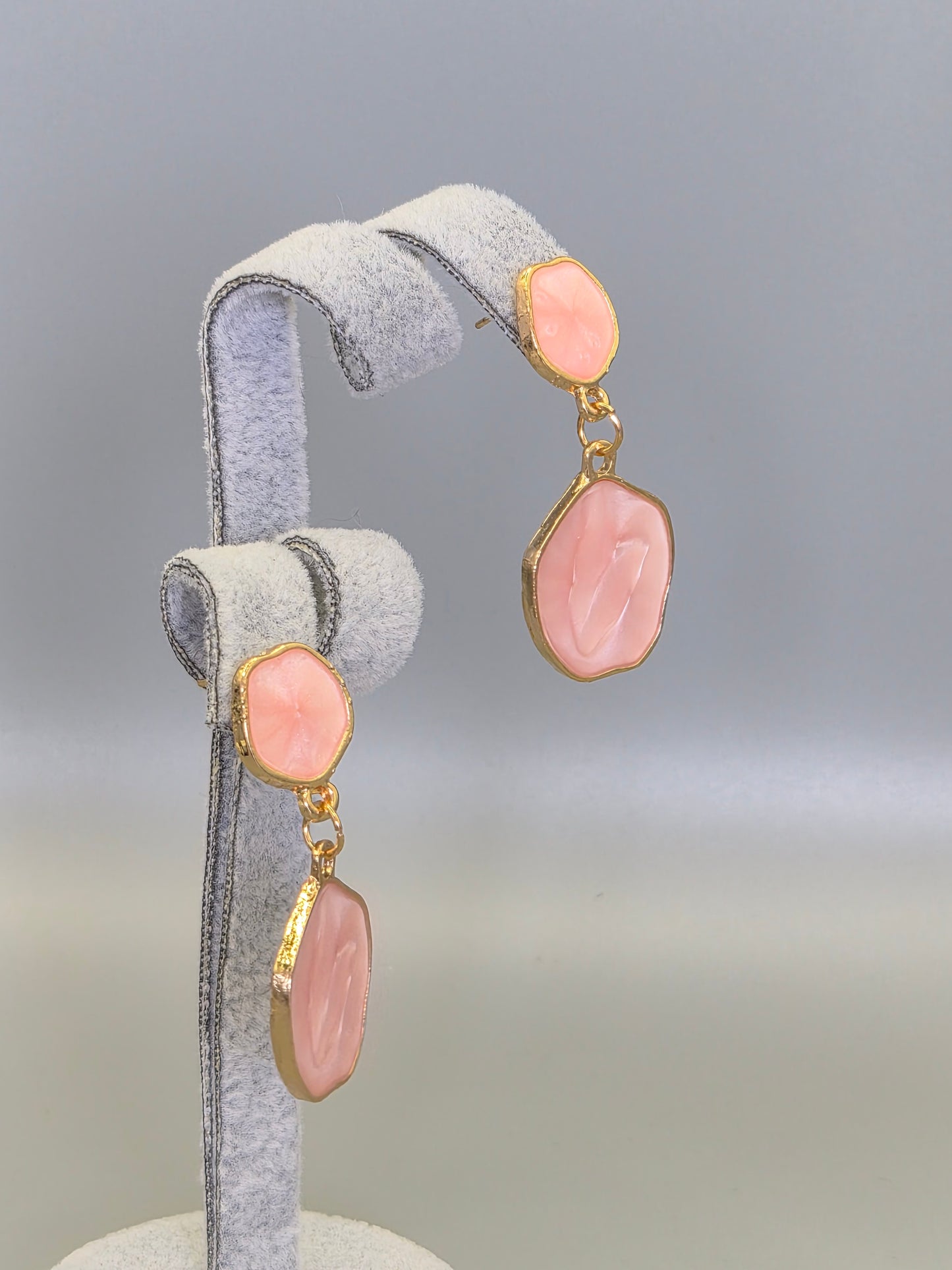 Pink Enamel Double Drop Earrings Yellow Set