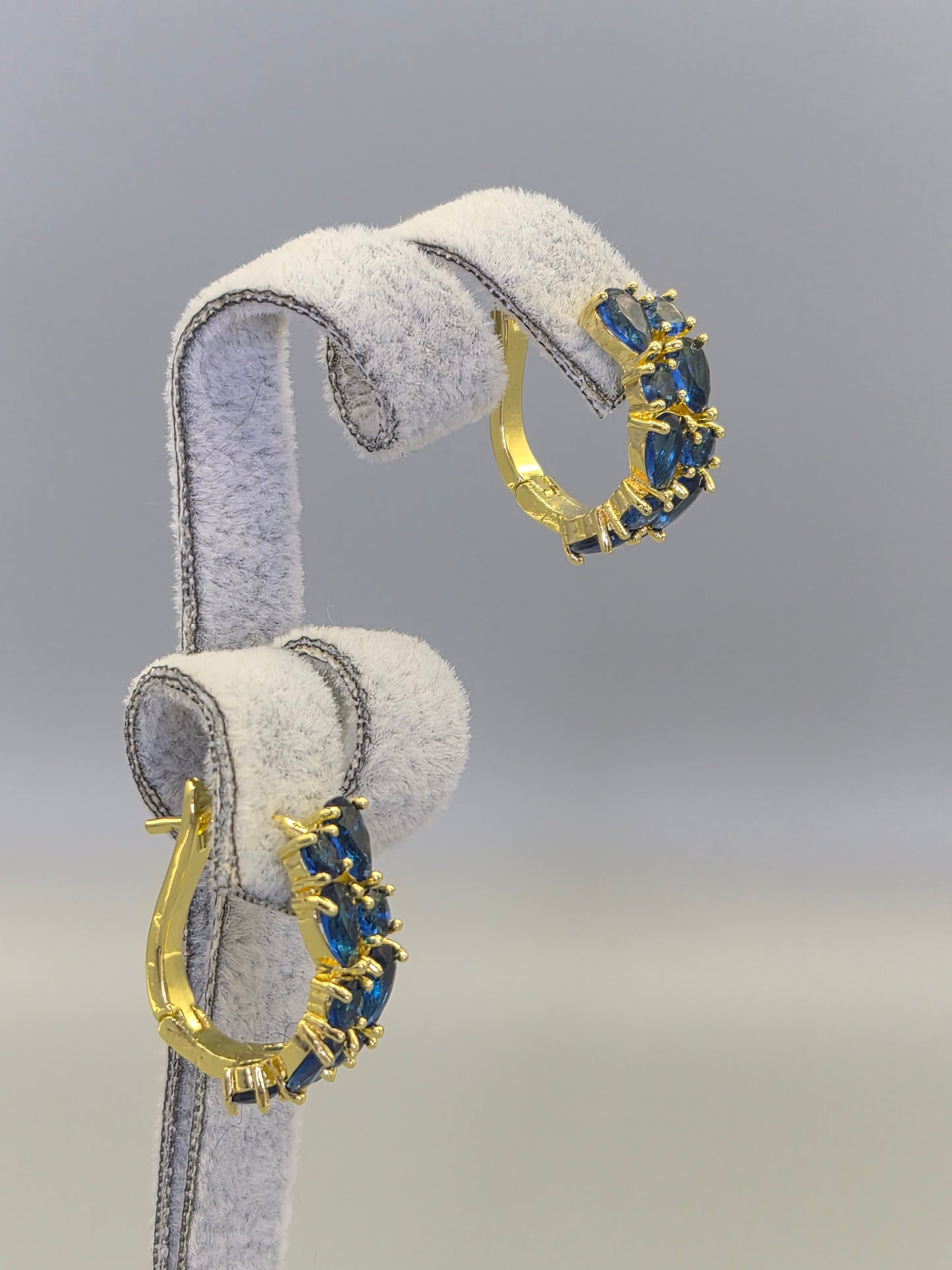 Blue Pear & Round Brilliant Cut Cubic Double Row Zirconia Earrings Yellow Set