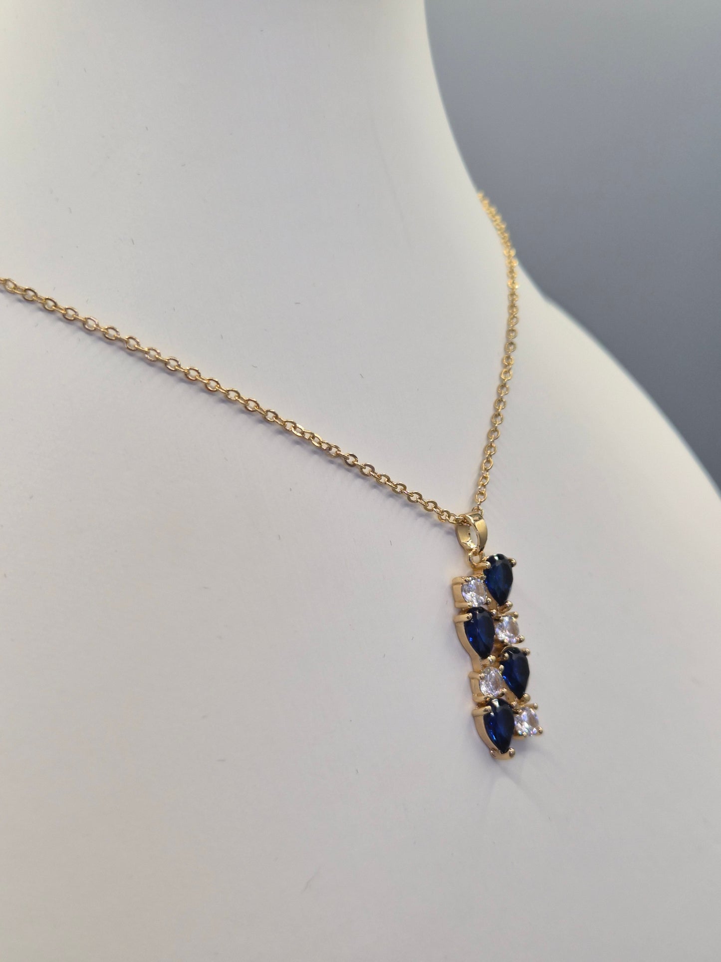 Blue Pear & Round Cubic Zirconia Drop Pendant