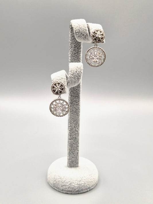 Double Flower Circle Cubic Zirconia Drop Earrings