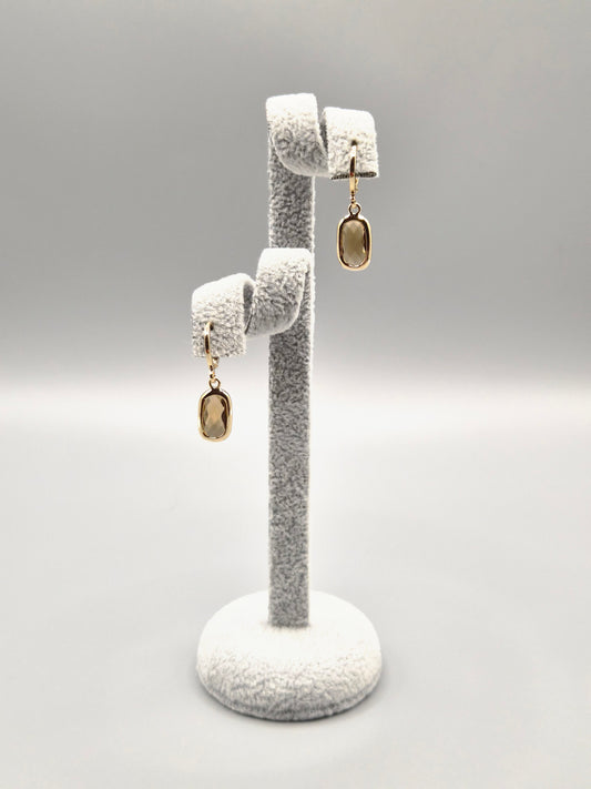 Gold Smokey Quartz Oval Bezel Set Drop Earrings