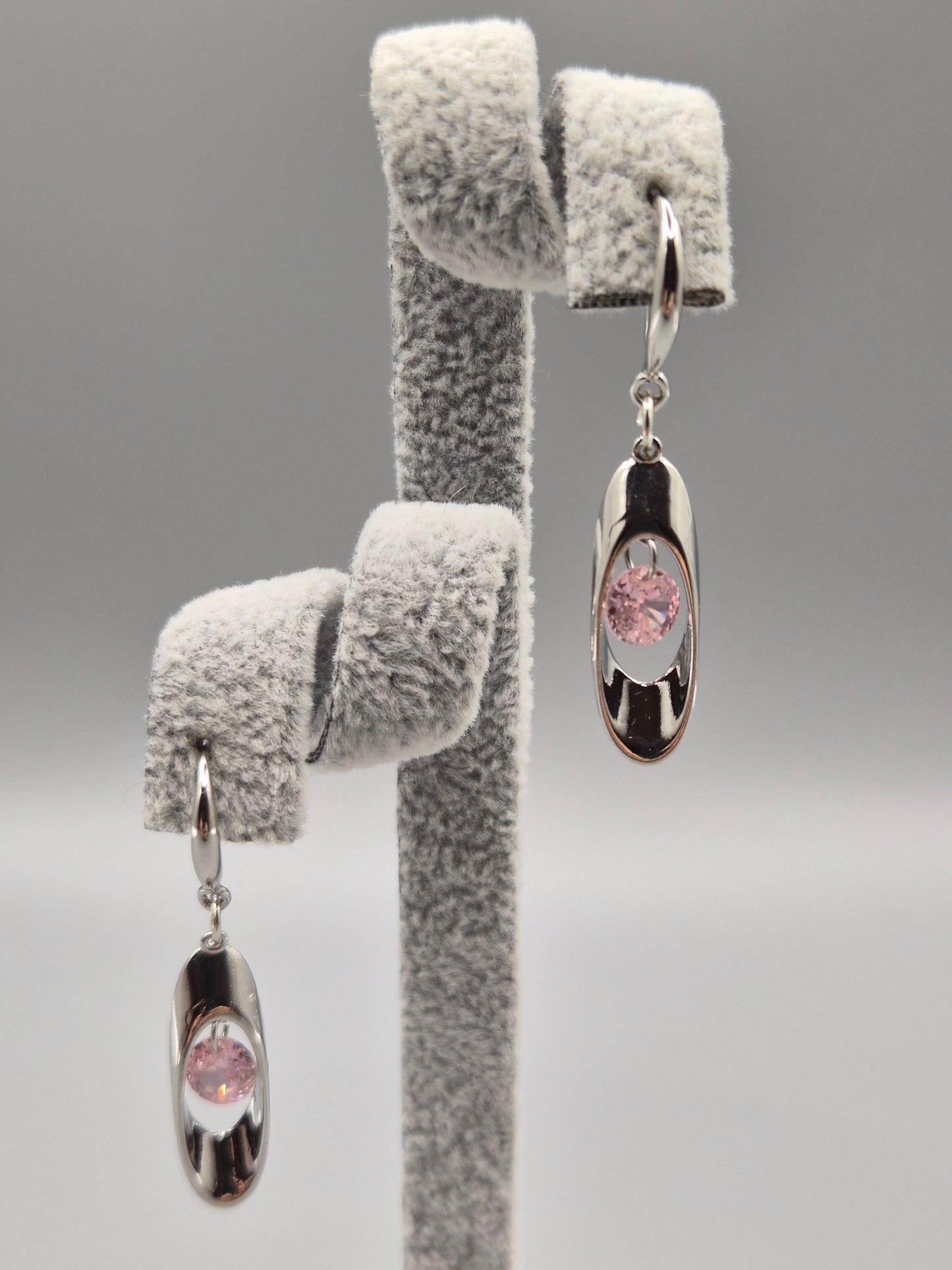 Pink Round Stone Within Silver Oval Drop Earrings
