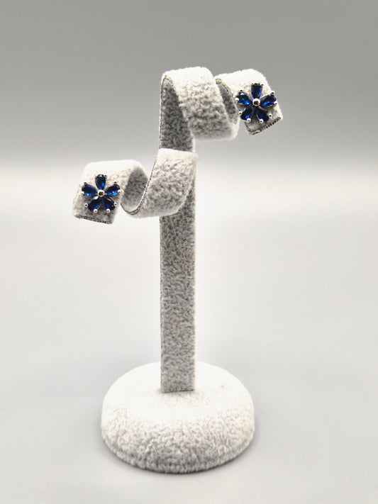 Blue Cubic Zirconia Flower Design Stud Earrings