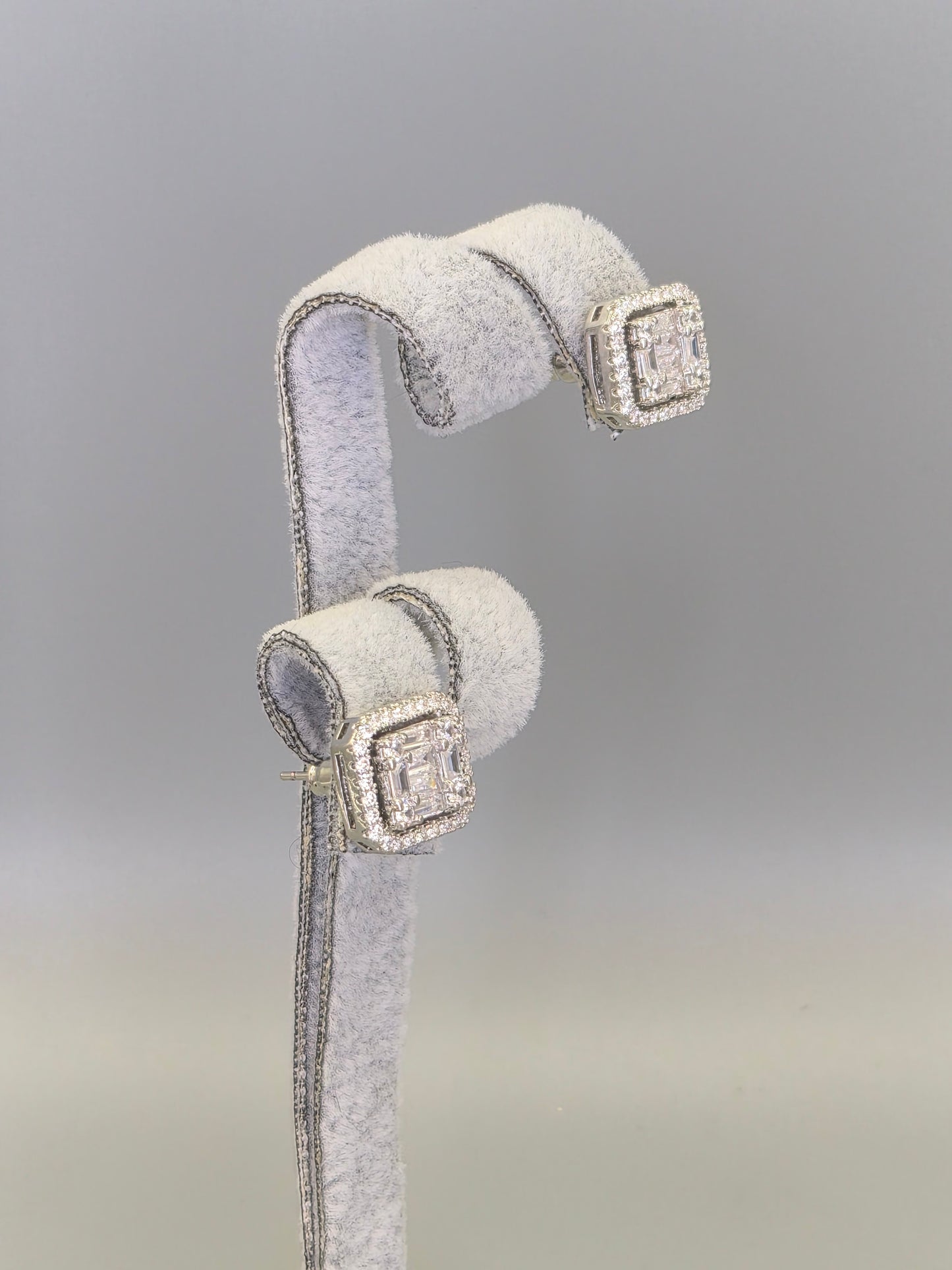 Halo Baugette & Round Brilliant Cut Cubic Zirconia Stud Earrings