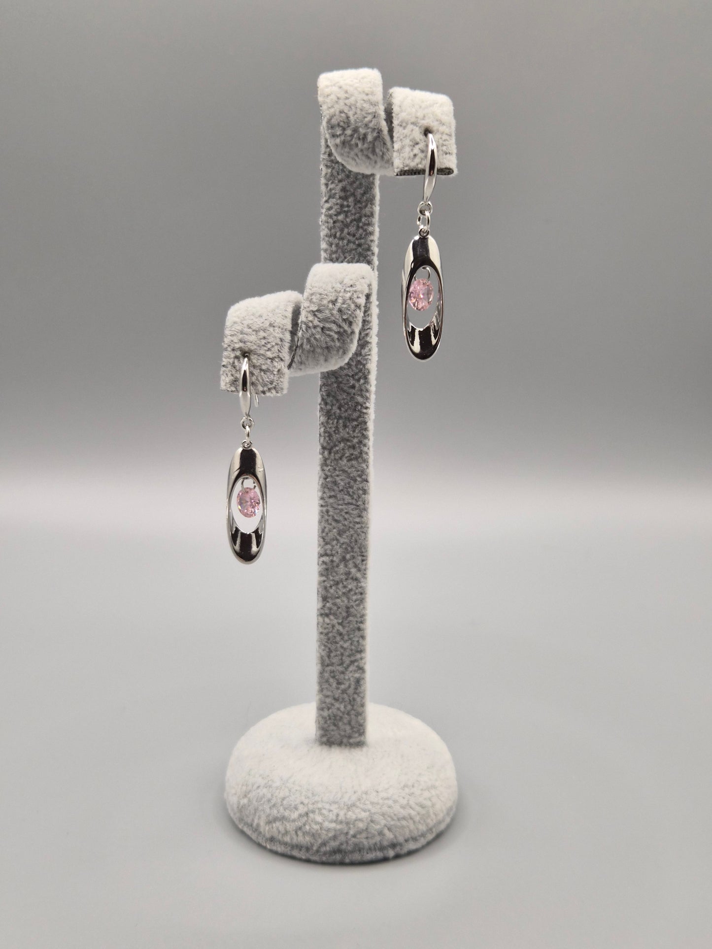 Pink Round Stone Within Silver Oval Drop Earrings