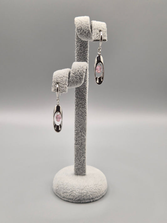 Pink Round Stone Within Silver Oval Drop Earrings