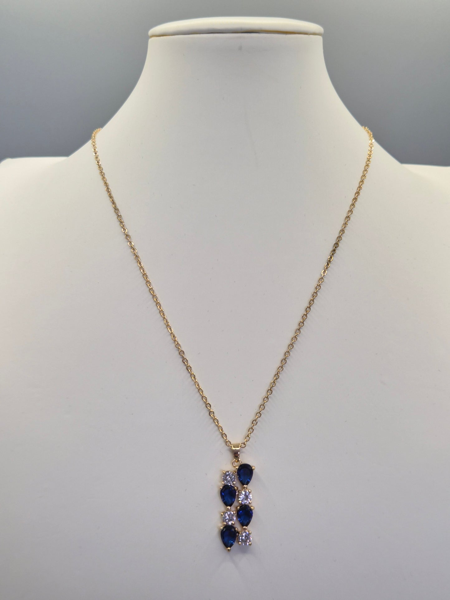 Blue Pear & Round Cubic Zirconia Drop Pendant