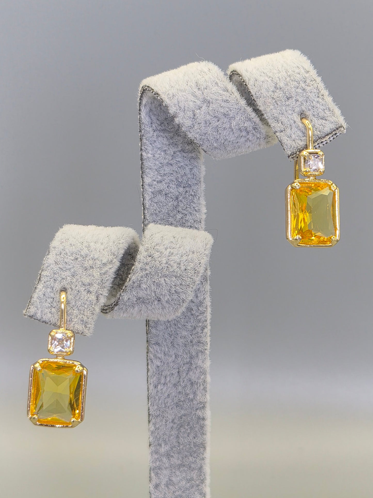 Emerald Cut Yellow & Round Brilliant Cut Cubic Zirconia Hook Through Earrings